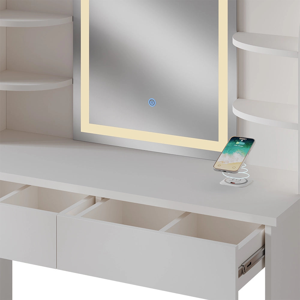 Vicco Tavolo da toeletta Bianco 106 cm con specchio a LED e stazione di ricarica QI