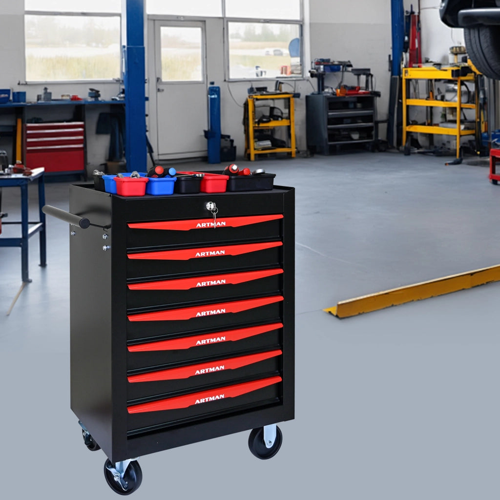 Mobile contenitore con 7 cassetti e serratura con guide a sfere; per garage e officina; in acciaio; nero rosso