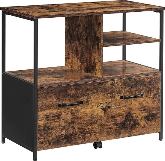 Cassettiere - Credenza - 1 Cassa - Spazi Aperti - Comodino - Lavorato Legno - Metallo - Industriale - Marrone - Nero - 82 x 40 x 75 cm