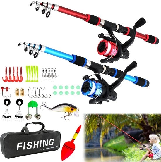 Impianto da pesca portatile per bambini - Asta telescopica 180 cm - Kit da pesca portatile - Spinnola con filo da pesca - Borsa da pesca - Design colorato - Attrezzatura da pesca