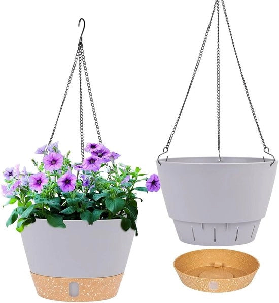 Set di vasi per piante appesi da 2 - 254 cm, vaso per piante appesi con foro di drenaggio e 3 ganci (grigio chiaro)