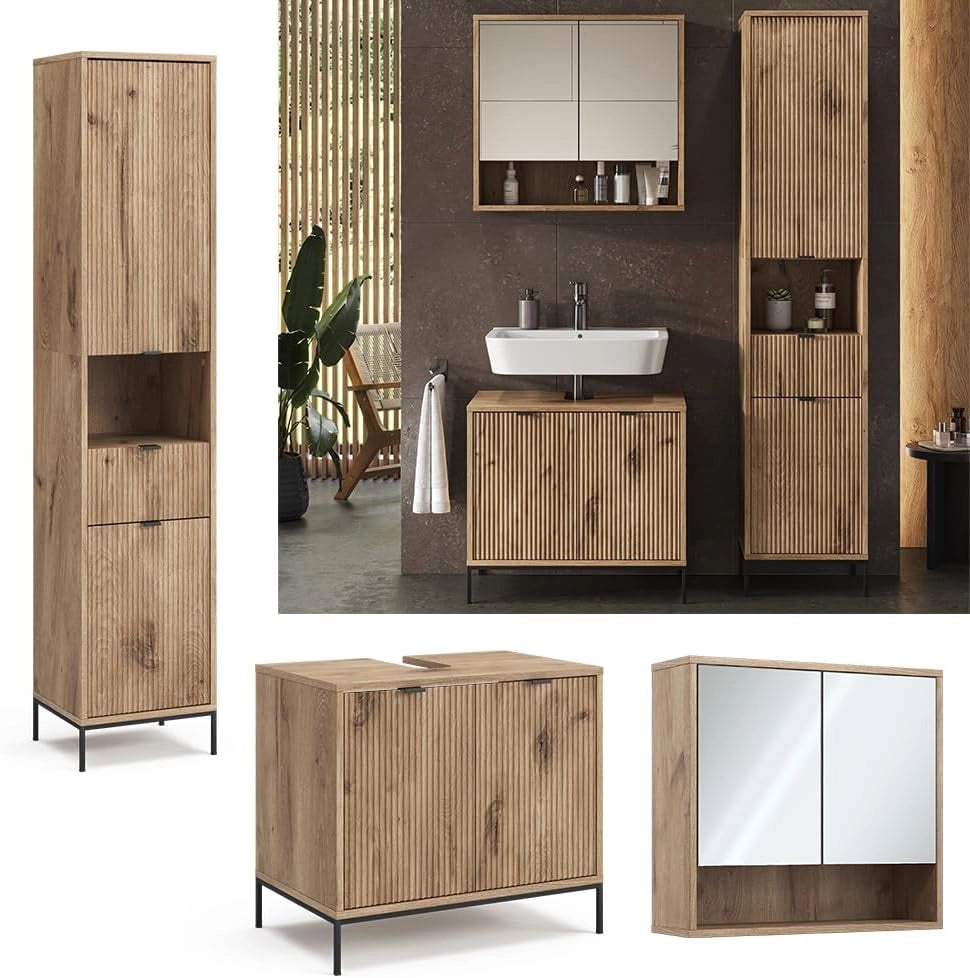 Set di mobili da bagno Eliza, Quercia vichinga, 70 cm, composto da mobile sottolavabo, specchiera e colonna alta