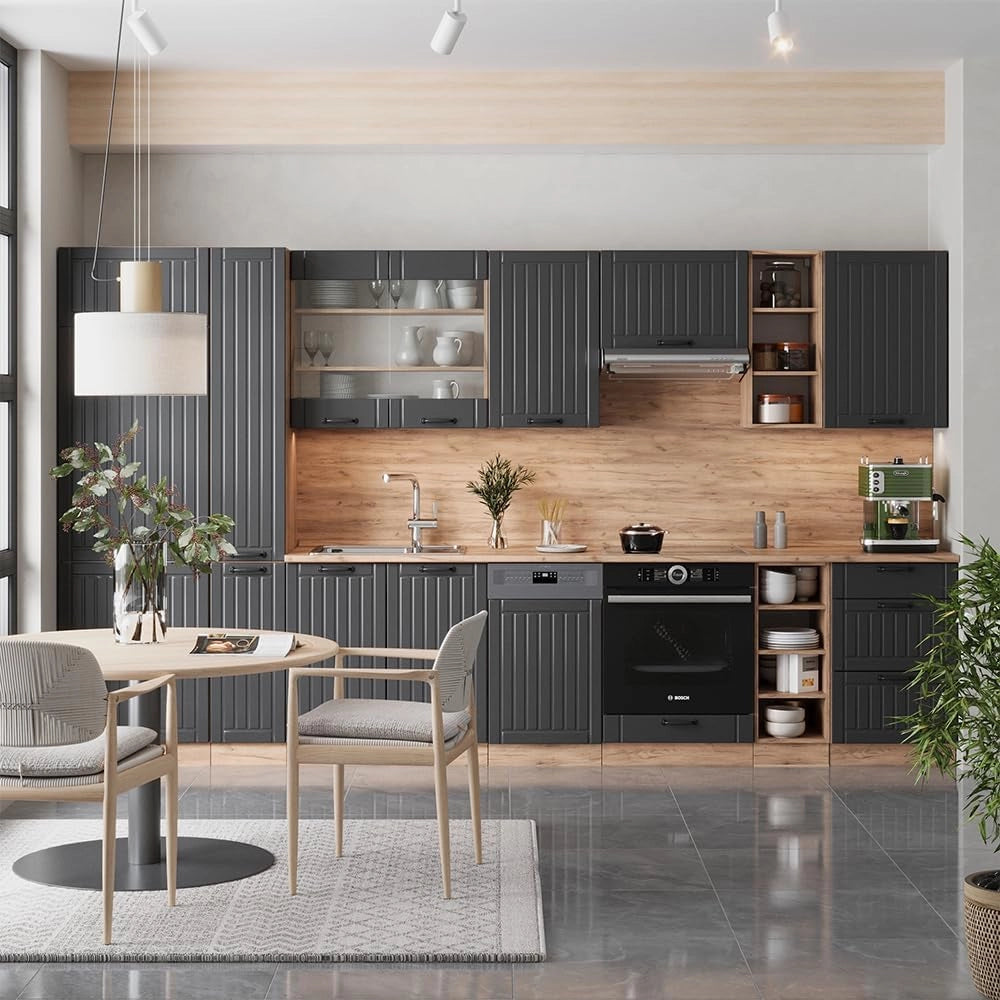 Cucina componibile Fame-Line, Grigio scuro, 355 cm senza piano di lavoro
