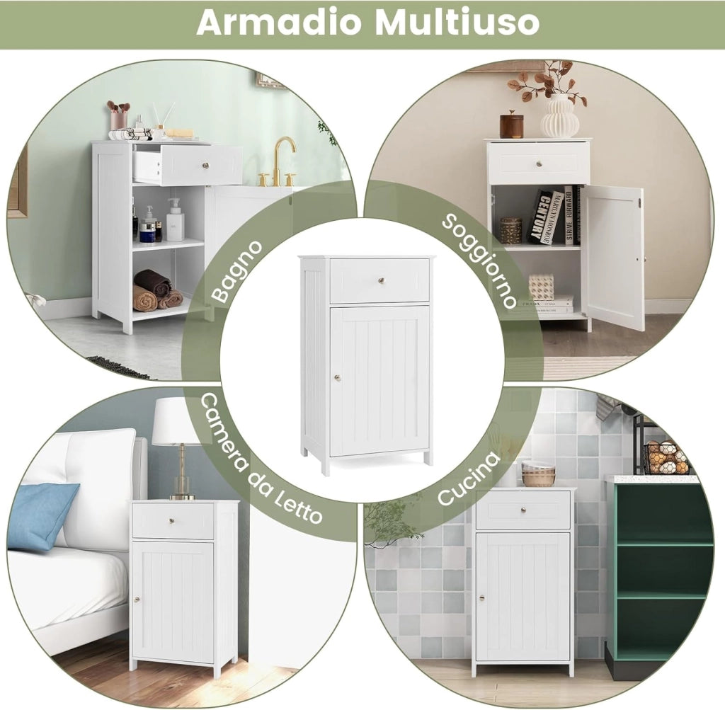 Armadio da Bagno con Ante e Cassetto 43 x 34 x 77cm, Mobile Bagno con Mensola Regolabile e Dispositivo Anti-ribaltamento, Armadietto Elegante per Ufficio, Soggiorno e Camera da Letto (Bianco)