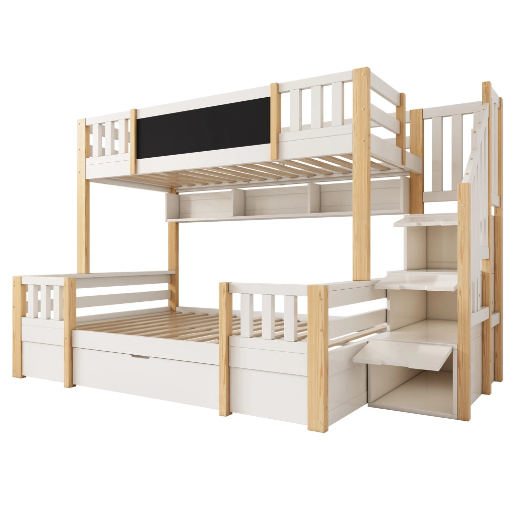 Letto a castello 90x200 e 140x200 cm con lavagna; scala contenitore; bianco e naturale