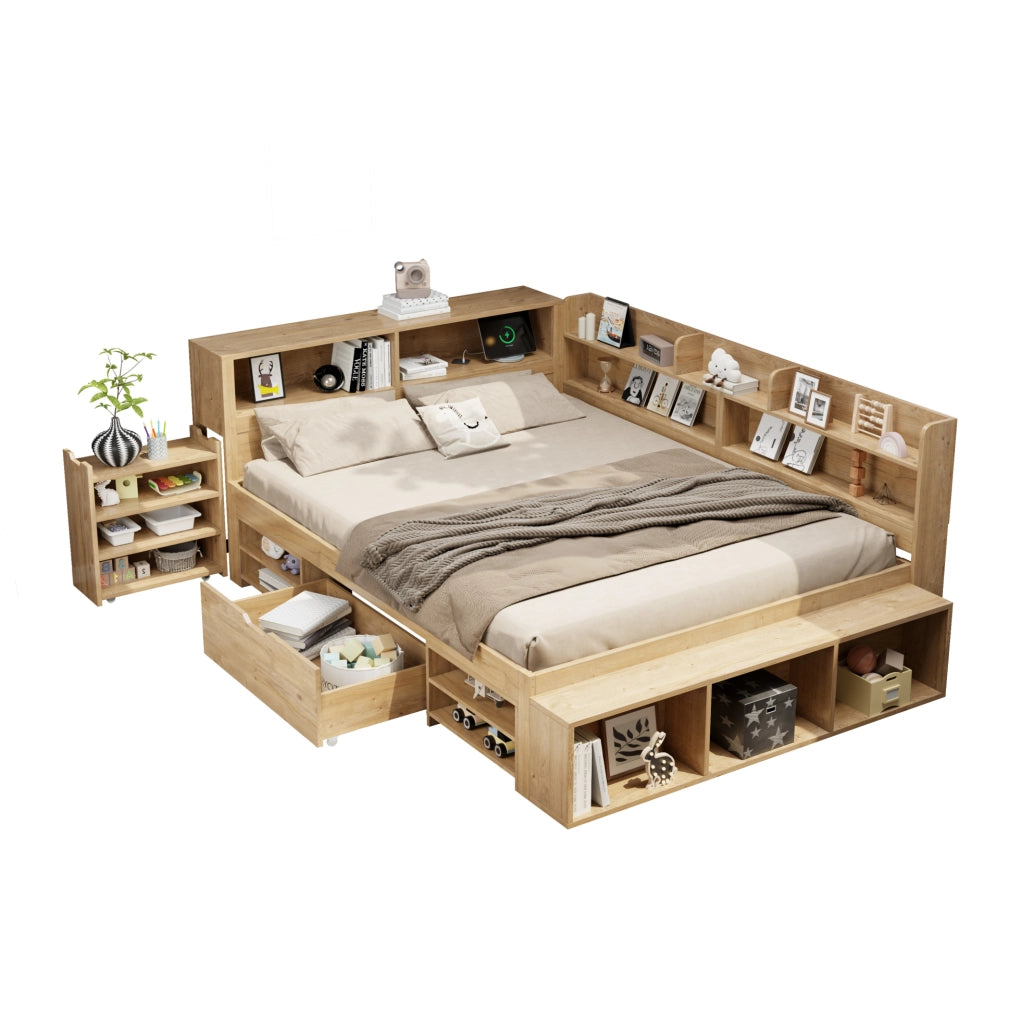 Letto per bambini 140x200 cm con cassetto; librerie e armadi contenitore in compensato; naturale