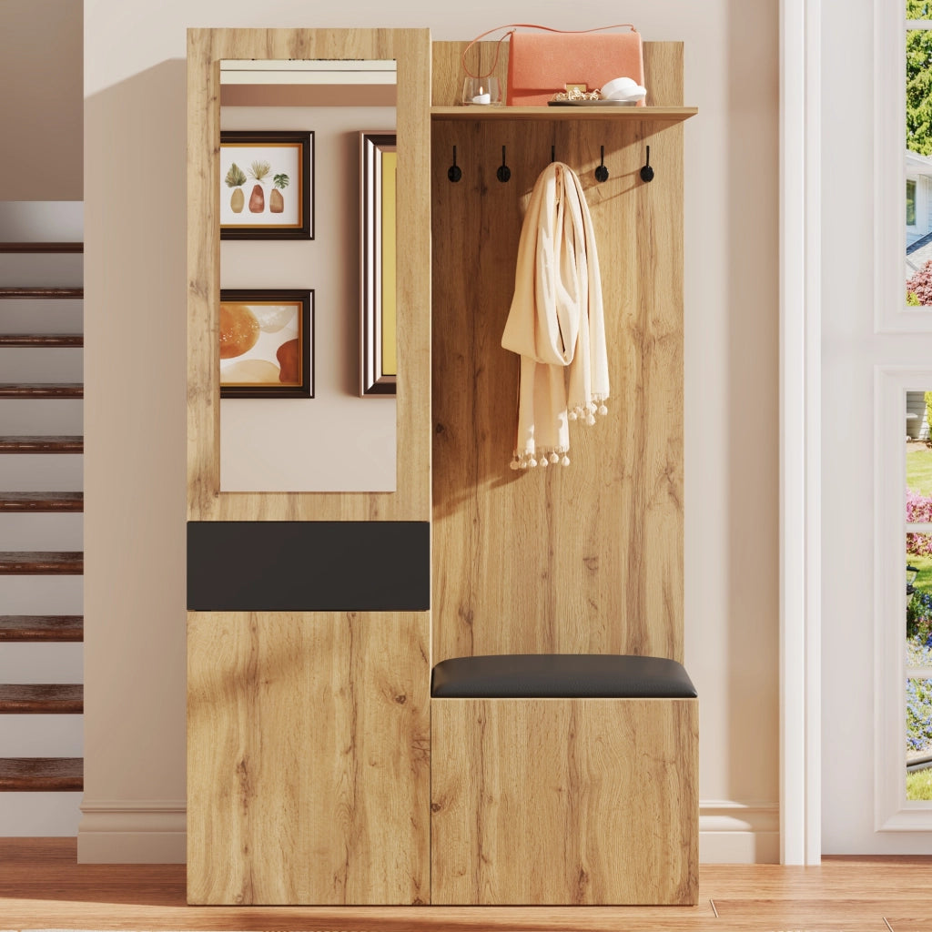 OKWISH Mobile da ingresso con 5 Ganci, Specchio, Panca e 2 Scarpiere, Ripiani Regolabili, 98.5 x 38 x 191 cm