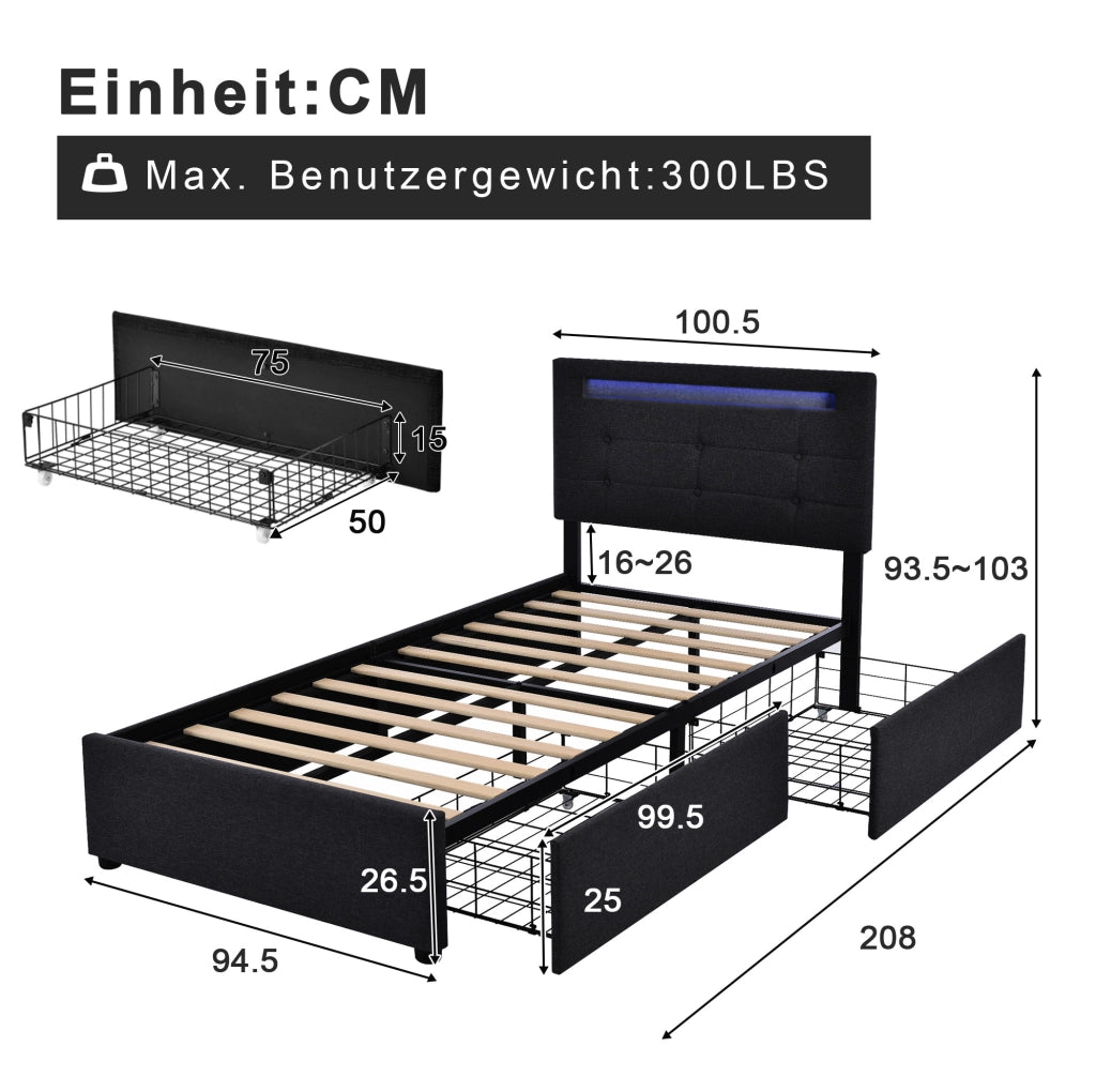 Letto singolo 90x200 cm con LED e 2 cassetti; tessuto in lino