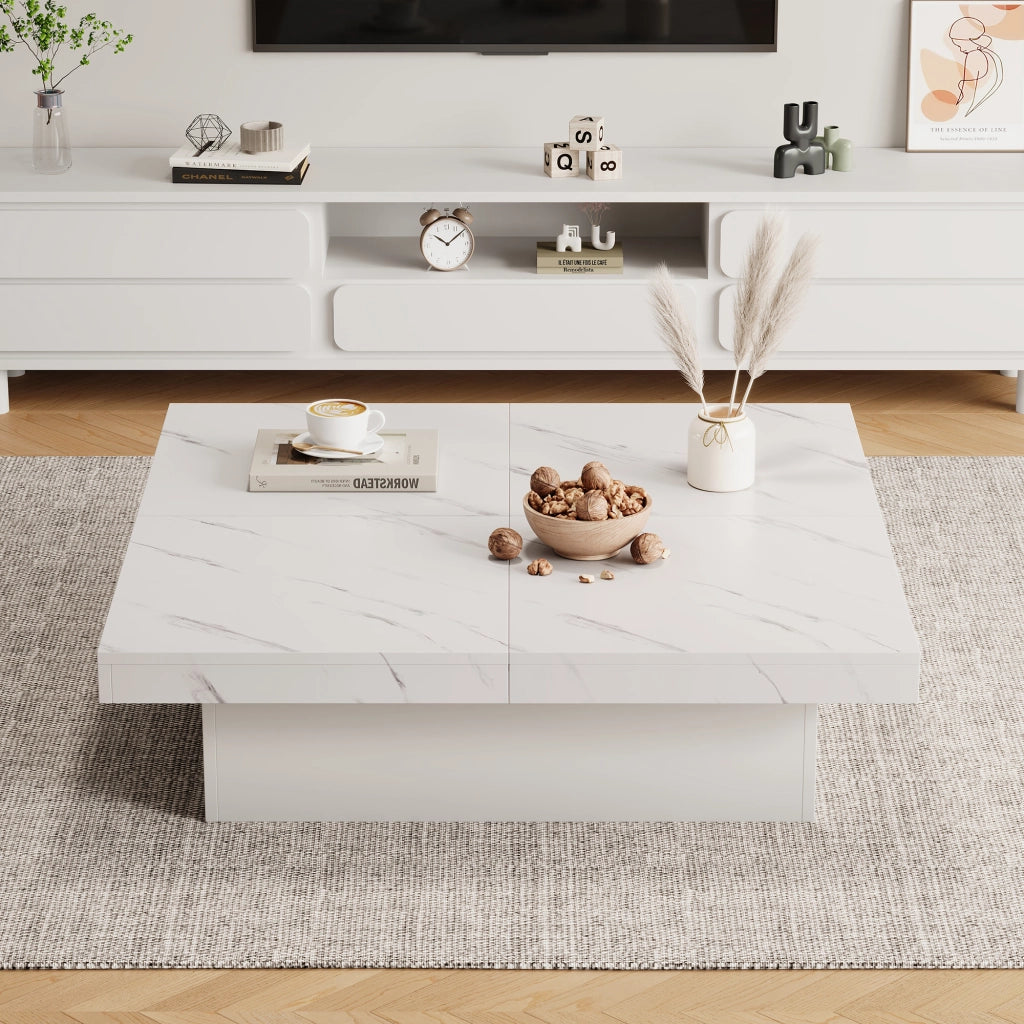 Tavolino da caffè 90x90x25 cm; 4 cassetti con piano scorrevole; truciolare effetto marmo bianco