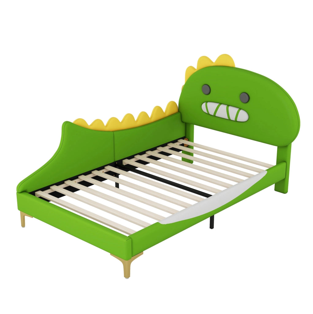 Letto per bambini 90x200 cm; design dinosauro; PU e MDF; verde