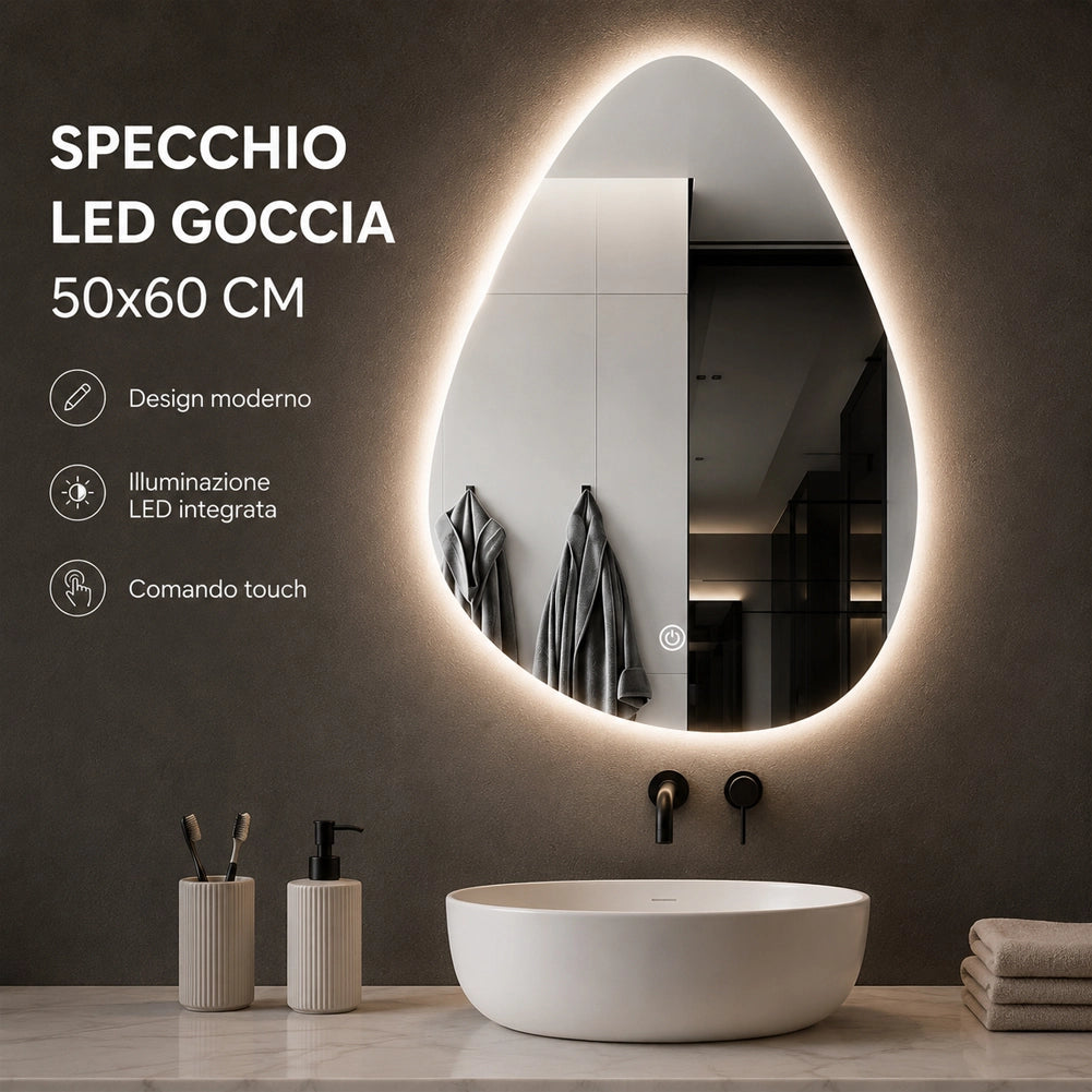 Specchio a Goccia Diametro 50x60 cm Led a 3 Colori Dimmerabile Accensione Touch