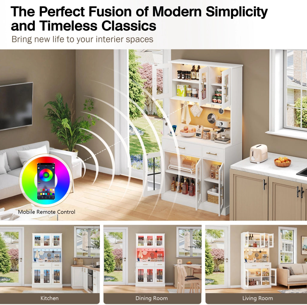 Credenza da cucina con illuminazione LED APP; 6 ante e 2 cassetti; 180 cm; bianco in MDF