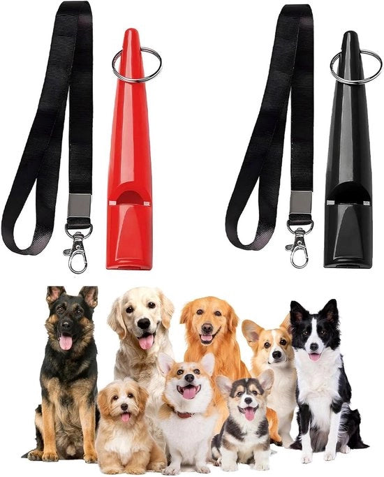 Due flauti per cani professionali per richiamo in nero e rosso - flauto di plastica per addestramento cani per fermare il abbaiamento, con cordoncini di chiusura