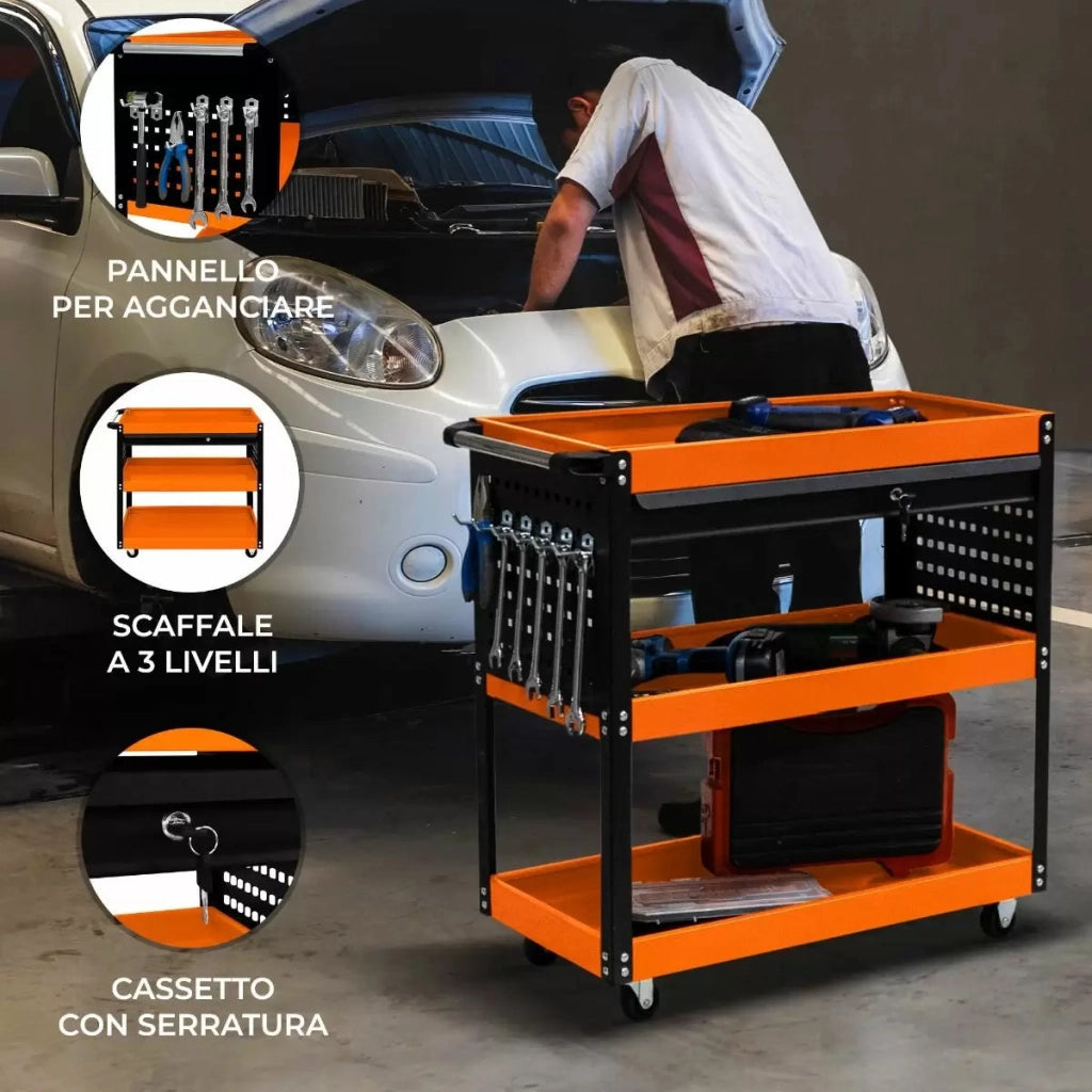 Carrello Portautensili per Officine 3 Ripiani 81,4x79x36,4 cm in Acciaio Arancione
