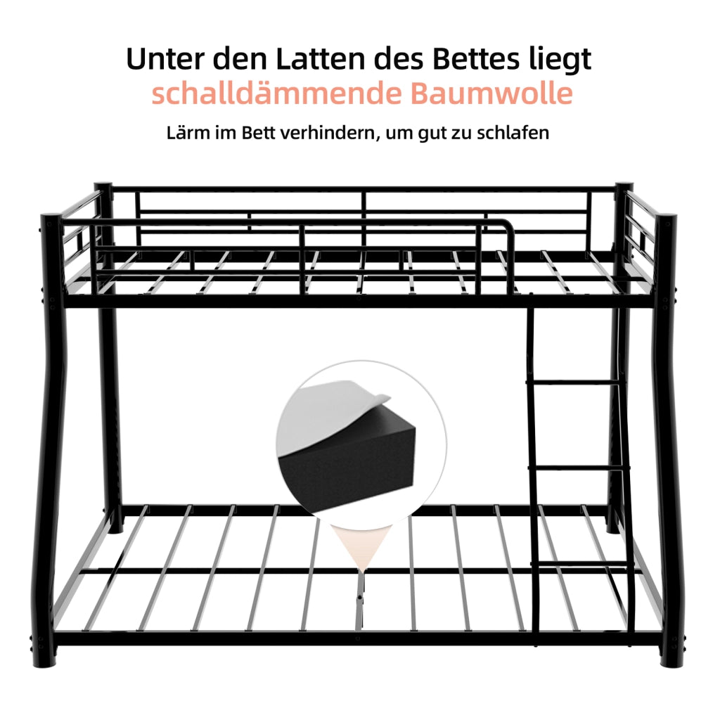 Letto a castello due livelli 90 × 190 e 140 × 190 cm con scala e sponde in ferro nero