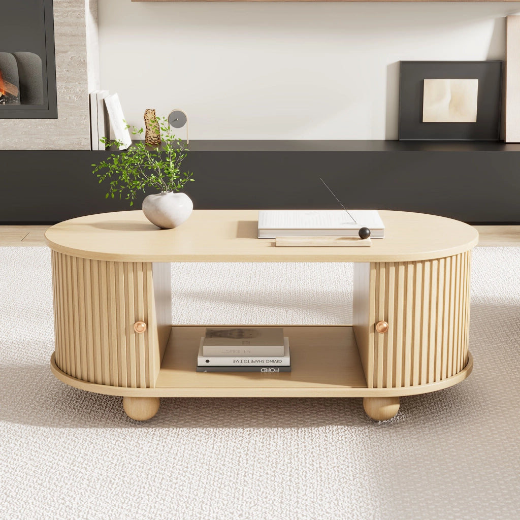 Tavolino da Salotto Ovale con 2 Ante Scorrevoli e Contenitore; Stile Industriale; in MDF; 100×50×40 cm; Legno