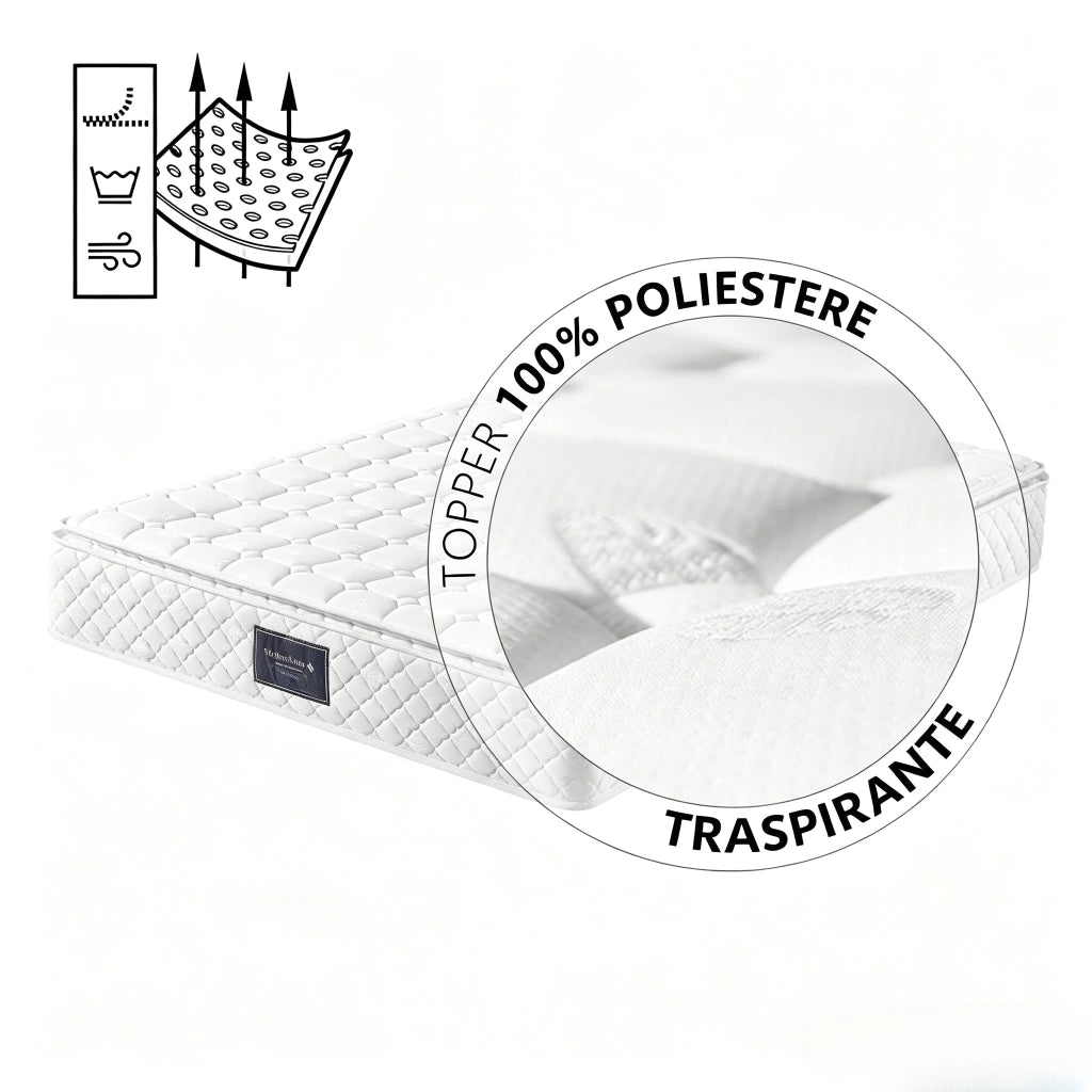Materasso una piazza e mezza 140x200x25 cm a molle insacchettate 7 zone H2 H3 ortopedico con schiuma fredda e rivestimento in microfibra - bianco