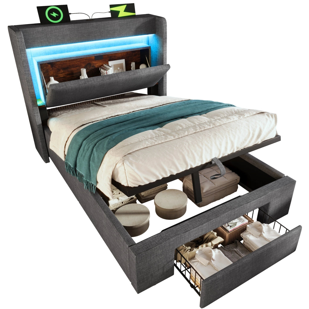 Letto imbottito 90x200 cm con contenitore; LED; prese USB e USB-C; materasso incluso; grigio