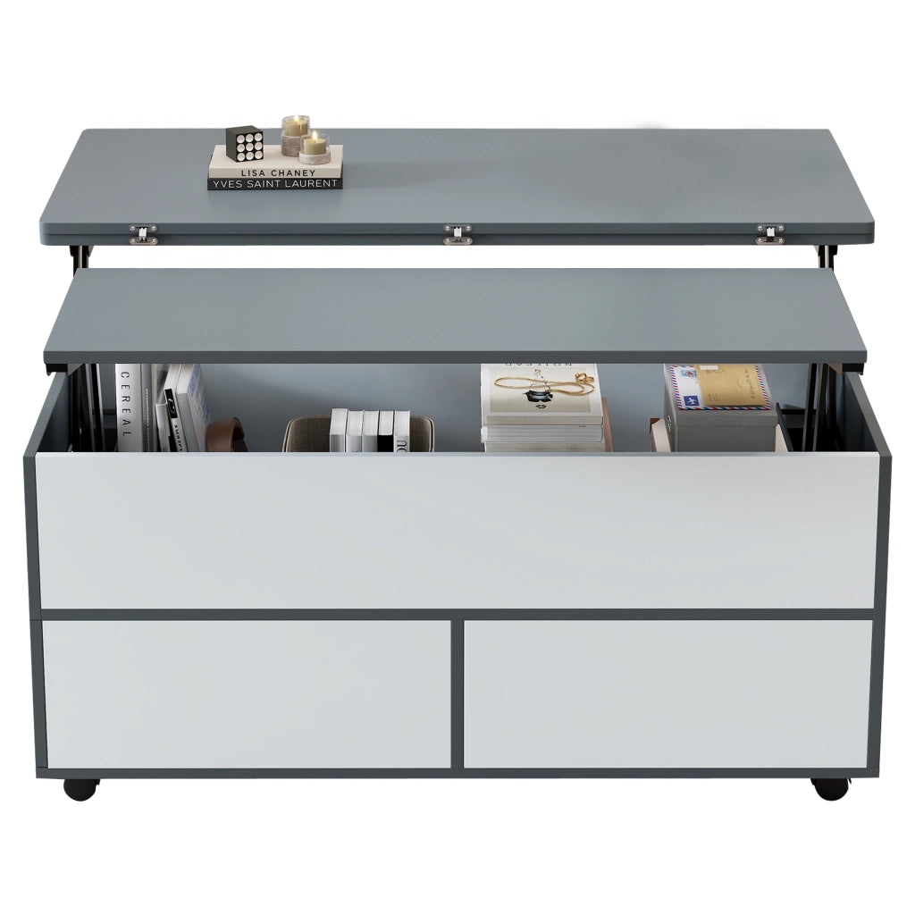 Tavolino da salotto elevabile con contenitore e ruote 100 x 98 x 65 cm; grigio e bianco