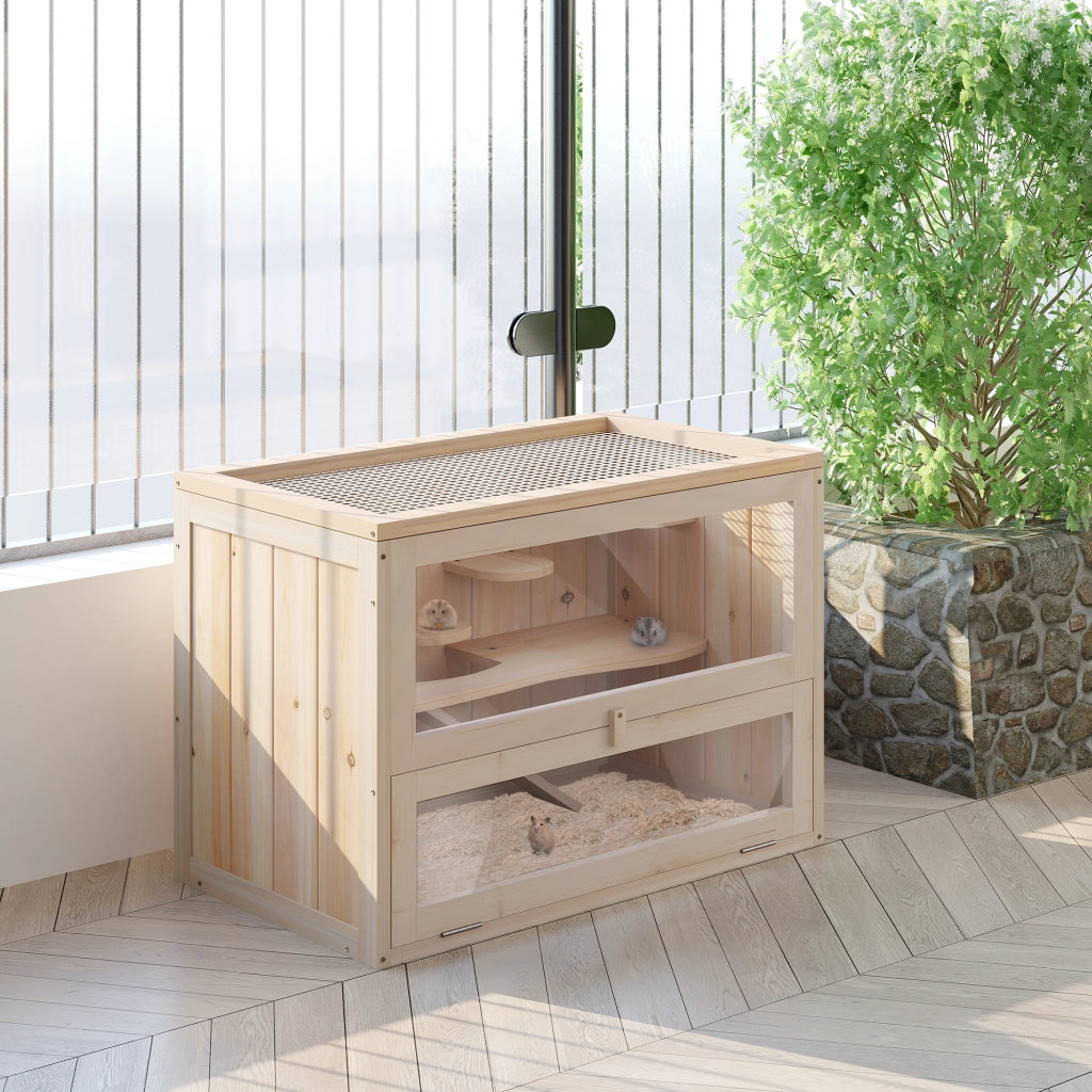 Gabbia per Criceti in Legno 2 Piani con Tetto a Gabbia Apribile ¨C zephmum ¨C 60x35x42 cm Naturale