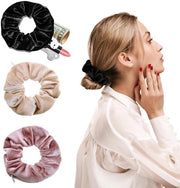 Set di elastici per capelli con taschino occulto - Scrunchie in velluto - 3 pezzi - Tasca per accessori - Soffice e idoneo per la pelle - Utile in viaggio