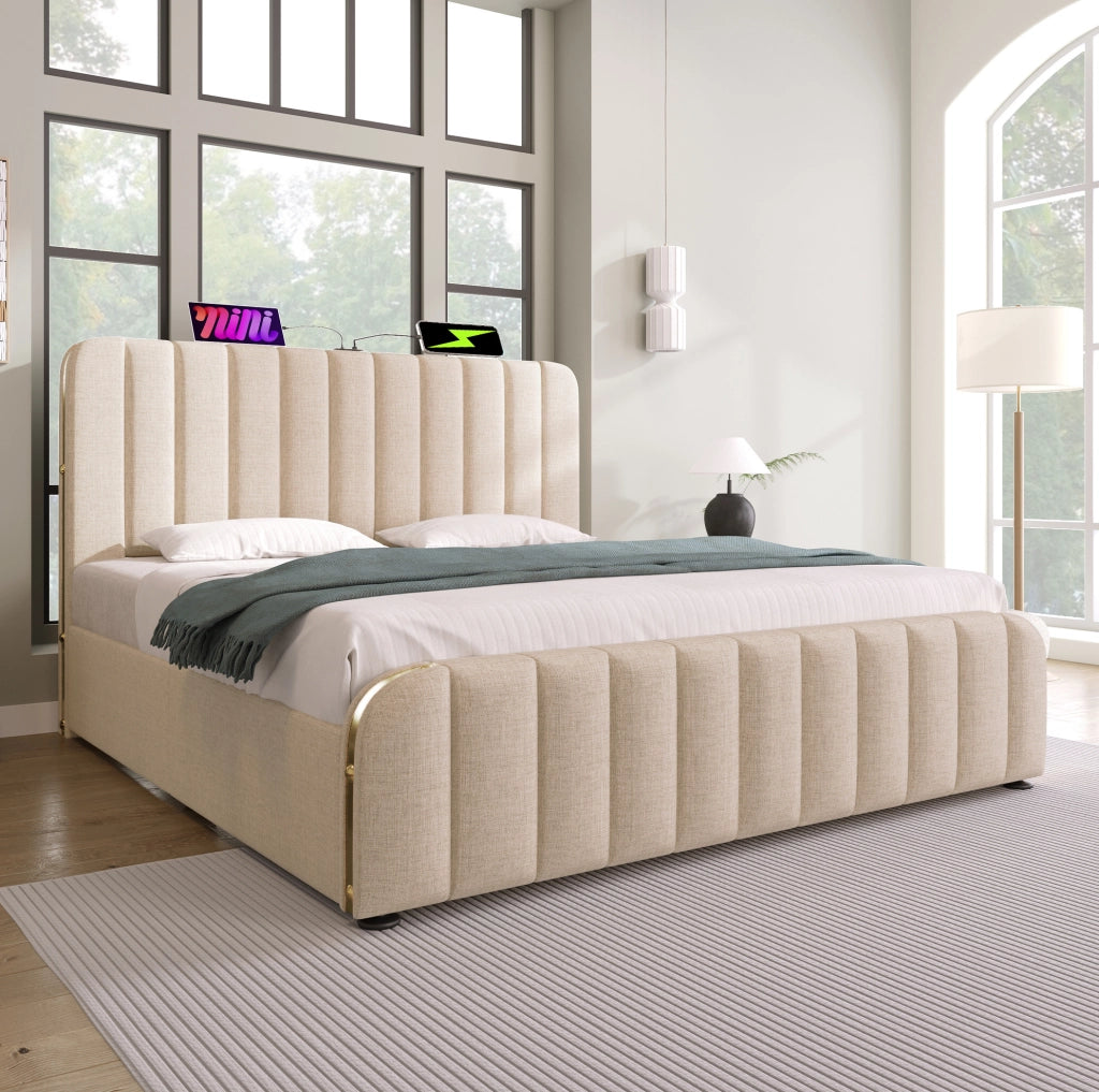Letto contenitore beige con testiera imbottita e ricarica integrata