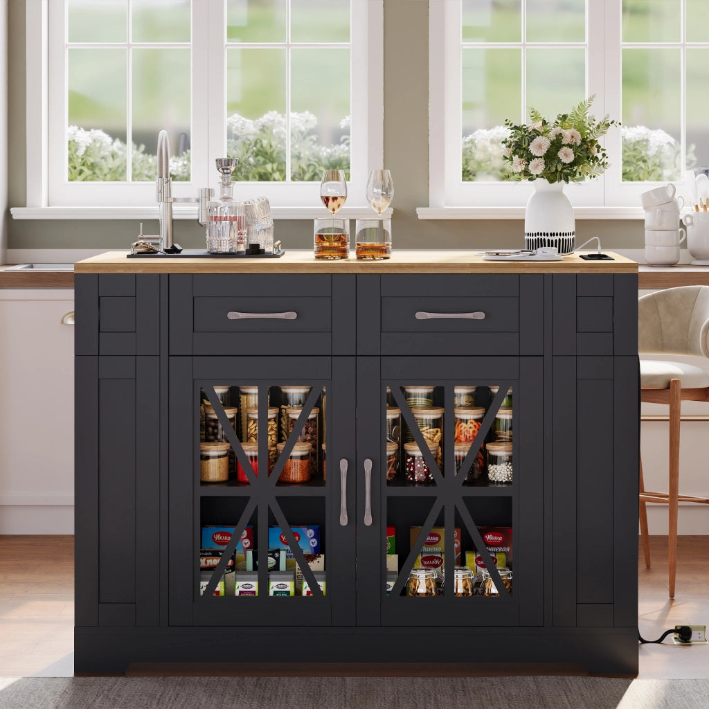 Carrello da Cucina con 2 Ante in Vetro; 6 Ripiani Aperti; Tavolo Ribaltabile; Prese AC e USB; 120x40x92 cm