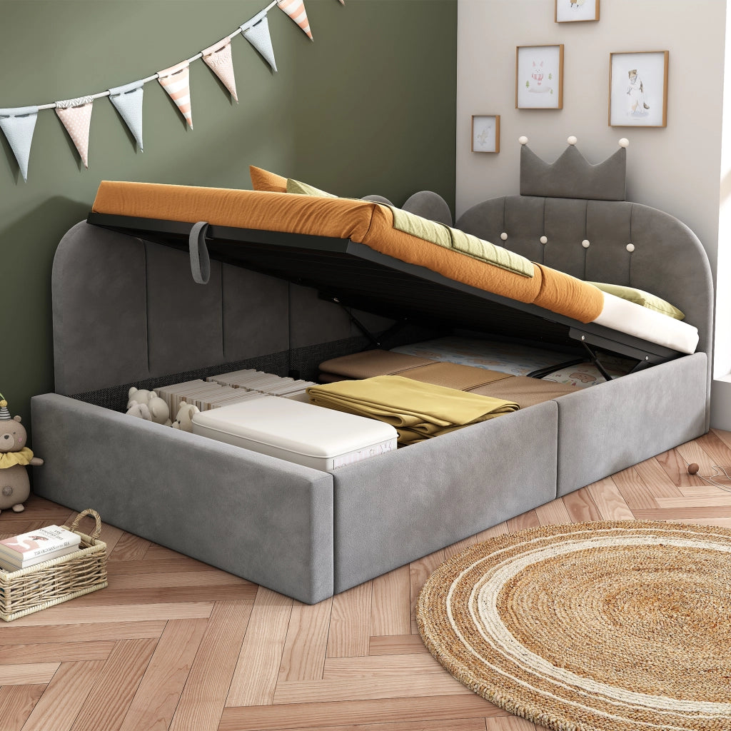 LETTO L-Form 90x200 cm in velluto grigio con contenitore, senza materasso