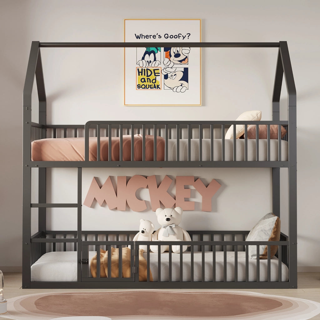 Letto a castello in metallo 90x200 cm con scala frontale, design a casa, nero