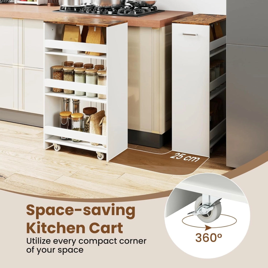 Carrello per Nicchia con Ruote, 4 Livelli，Carrello di Servizio Stretto Salvaspazio, da Bagno, Scaffale da Cucina Sottile 47,5 x 13 x 80,5 cm (Industriale+Bianco, Largo 25 cm)