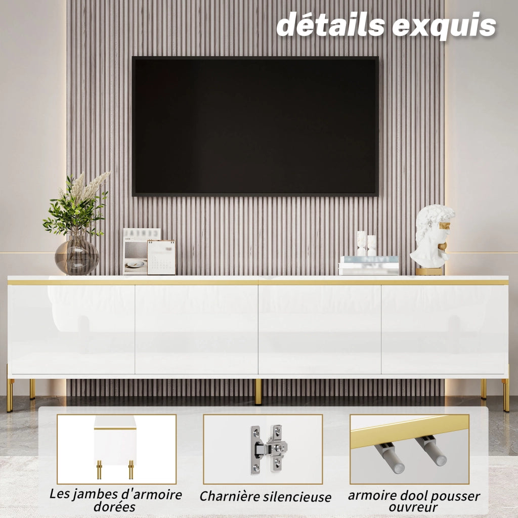 OKWISH Mobile TV con 4 Ante e Passacavi, Frontali Lucidi, Gambe in Metallo, per Soggiorno, Bianco, 170 x 38 x 50 cm