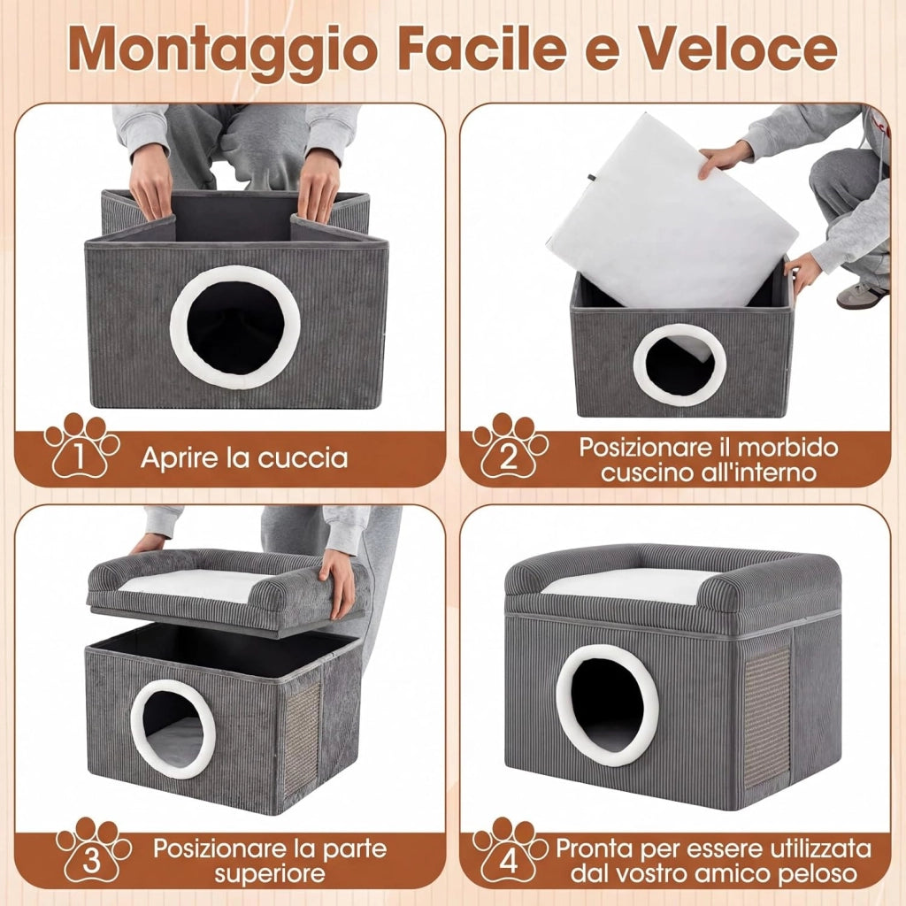 Cuccia per Gatti da Interno, Grande Casetta per Gattini a 2 Livelli con Condo Accogliente, Tappeto da Graffio in Sisal, Cuscino Morbido, Casetta Pieghevole per Animali (Grigio)