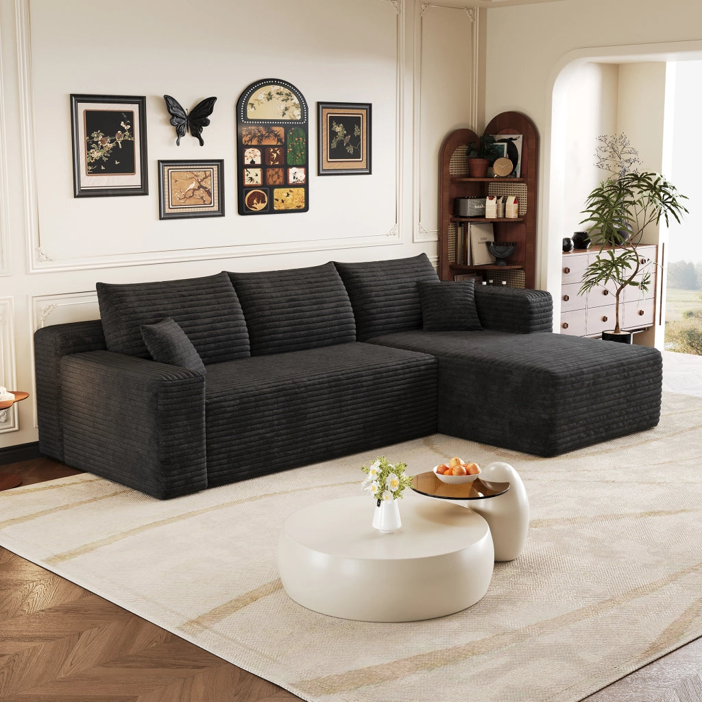 Divano angolare in tessuto a coste con seduta profonda e montaggio rapido per soggiorno nero 241 × 151 × 58 cm