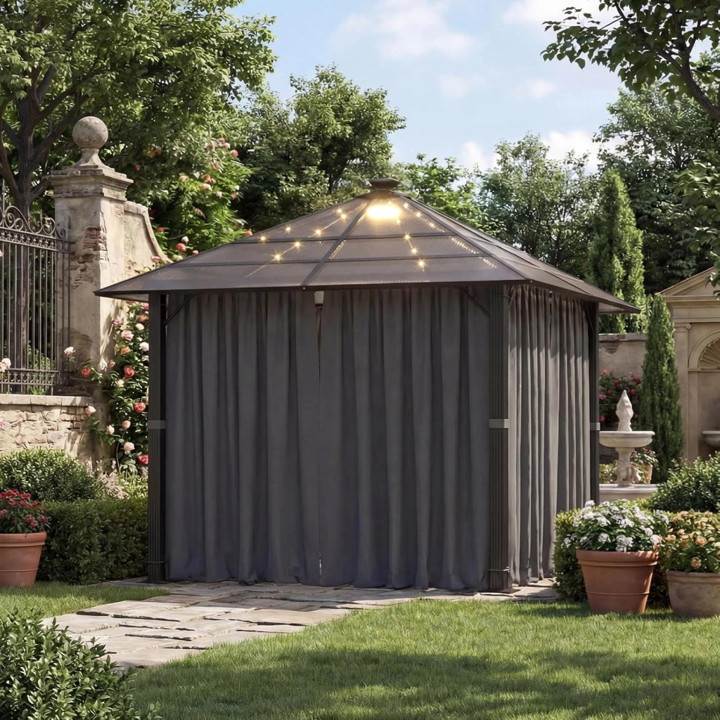Gazebo 3 x 3 impermeabile con Luce LED, stabile, in alluminio, gazebo da giardino, con tetto fisso, protezione UV, adatto per scene esterne, grigio