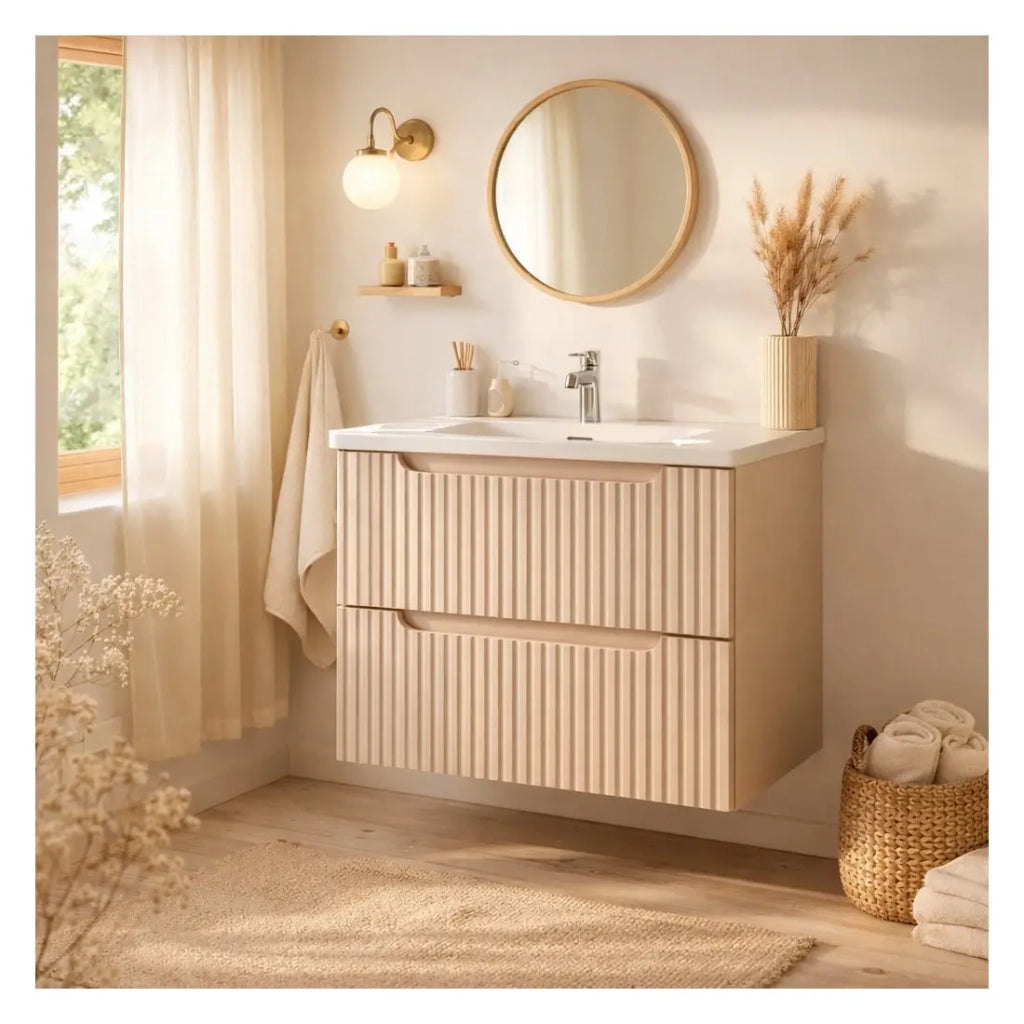 Set da bagno VANO cachemire e bianco 60cm: mobiletto sottolavabo con cassetti scanalati verticalmente + lavabo incassato