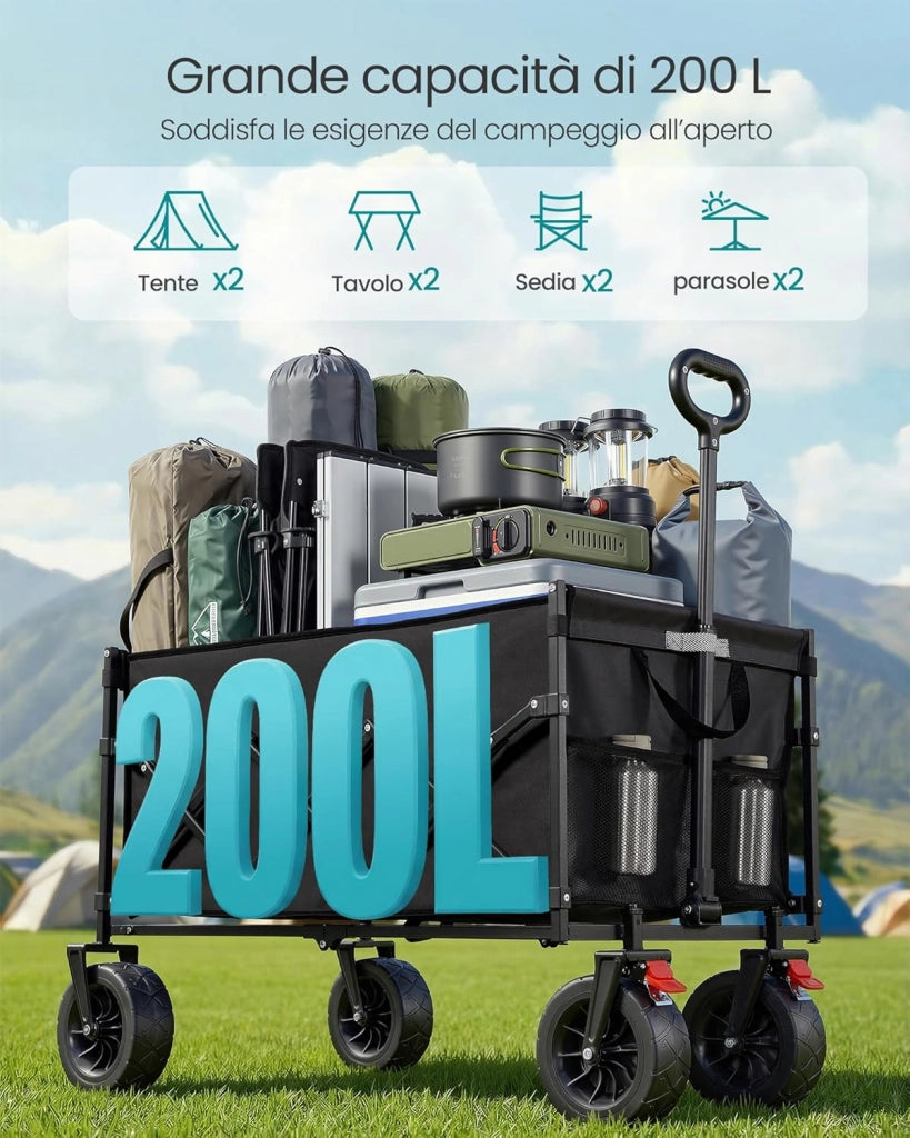 SONGMICS Carrello Pieghevole, Carrello da Giardino, con Manico, 4 Ruote Rinforzate di cui 2 Universali, per Esterni, Giardino, Portante di 180 kg, 200 L, Nero Inchiostro GFW201B101