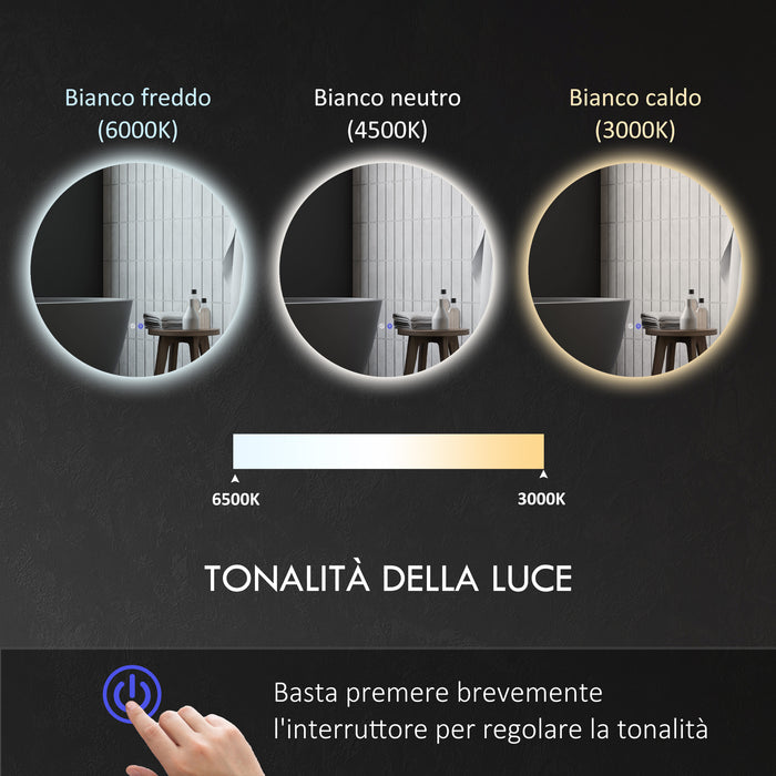 Specchio Bagno Ø60 cm con Luci LED Regolabili Interruttori Touch e Design Antiappannamento