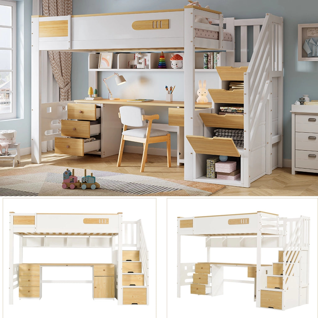 Letto a soppalco 90 x 200 cm con scrivania, scala contenitore e ripiani