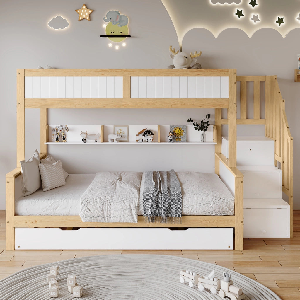 DESMIU Letto a castello per bambini 90 × 200 cm e 120 × 200 cm con letto estraibile, scala, armadio, senza materasso