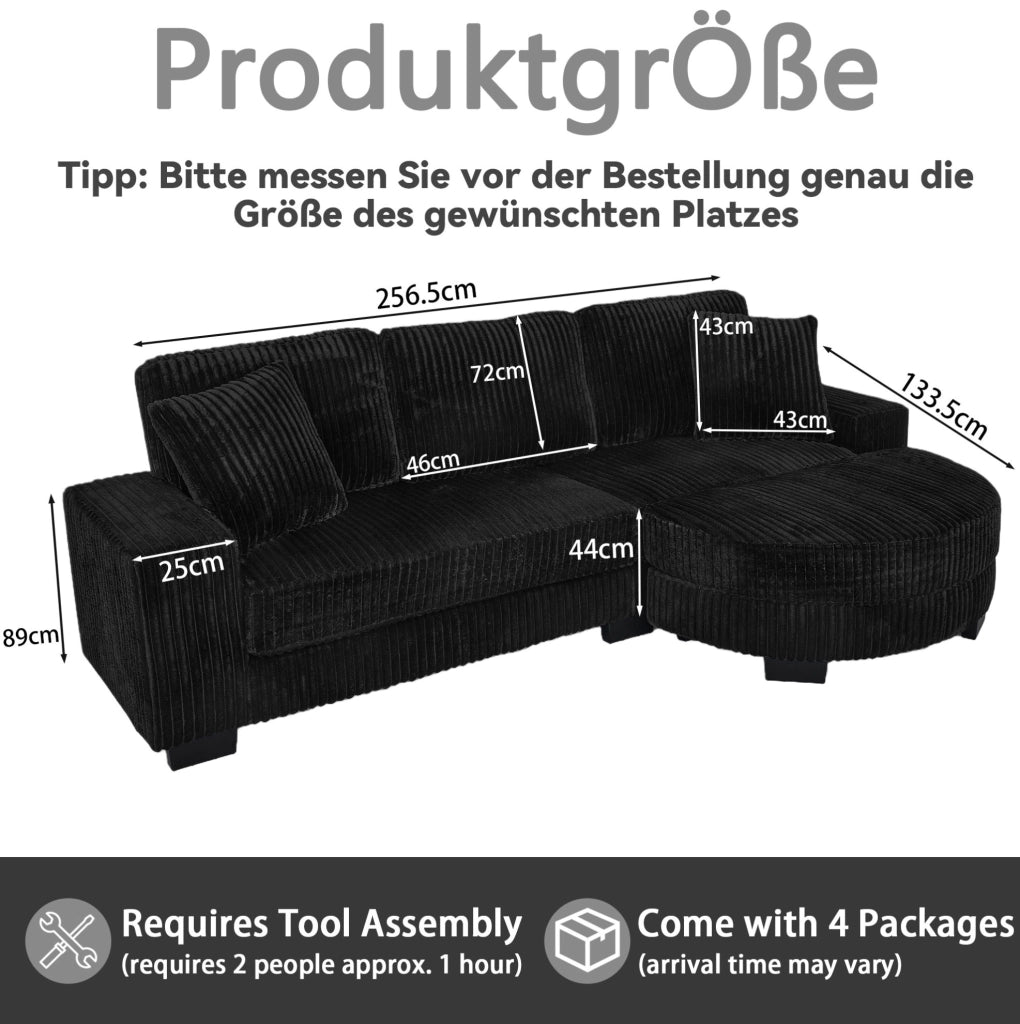 Divano angolare modulare L con pouf ovale spostabile; 256;5 x 133;5 x 89 cm; nero