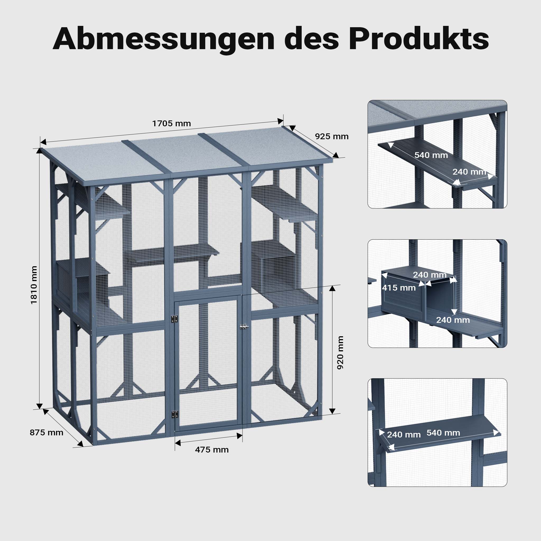 Recinto per gatti da esterno 1705 x 925 x 1810 mm, recinzione antifuga in legno con tetto in asfalto, diversi livelli, per giardino, balcone, terrazzo