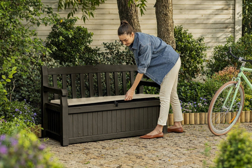 Cassapanca outdoor Chestermere, Baule da giardino, Contenitore da esterno, Panchina contenitore da esterno, 140x60 h84 cm, Marrone e Beige