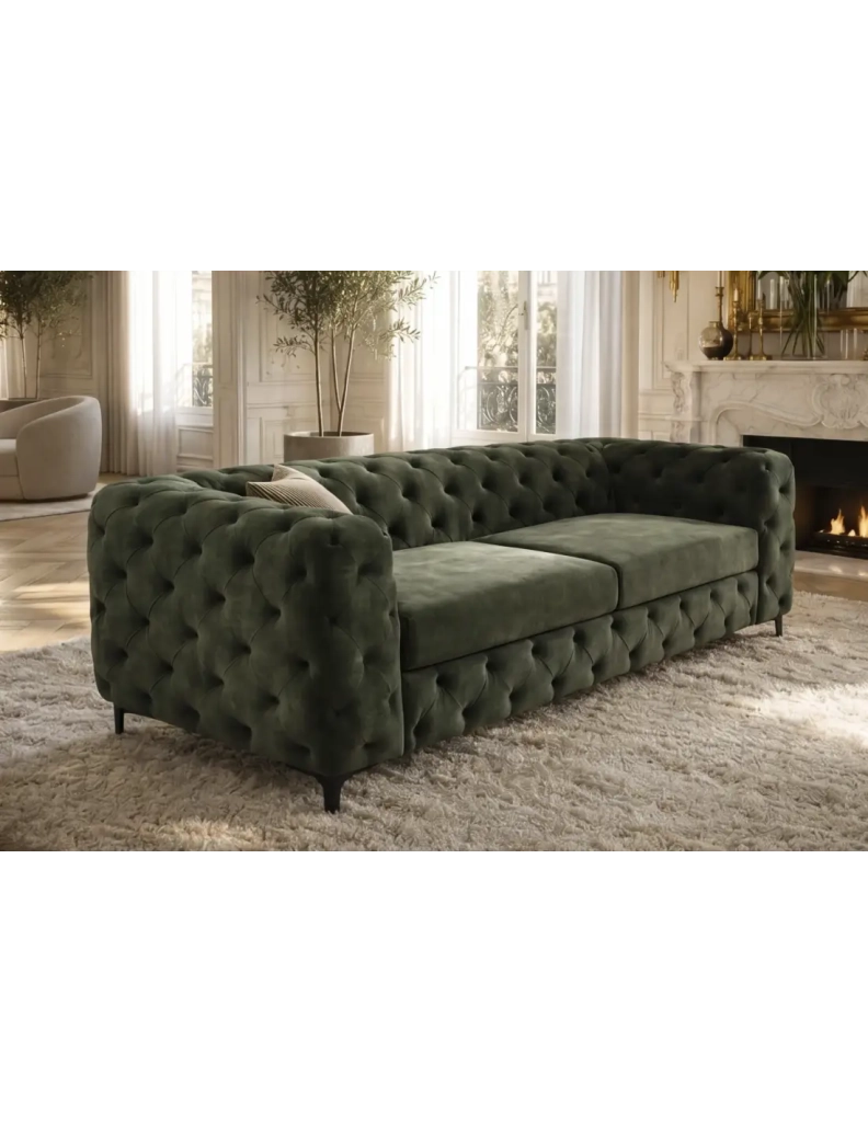 Divano dritto VELENA 3 posti in velluto capitonné - Verde scuro - 235 x 74 x 95 cm