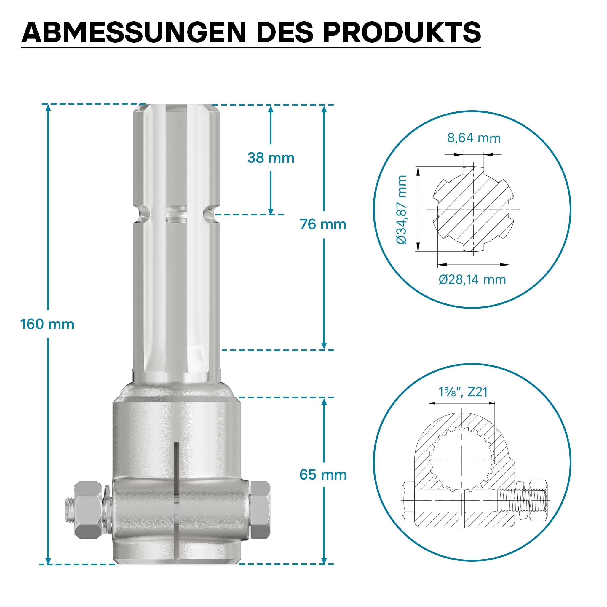 Boccola albero cardanico 160 mm Attacco albero scanalato 1 3/8" 21D Albero uscita 1 3/8" 6D Trattore