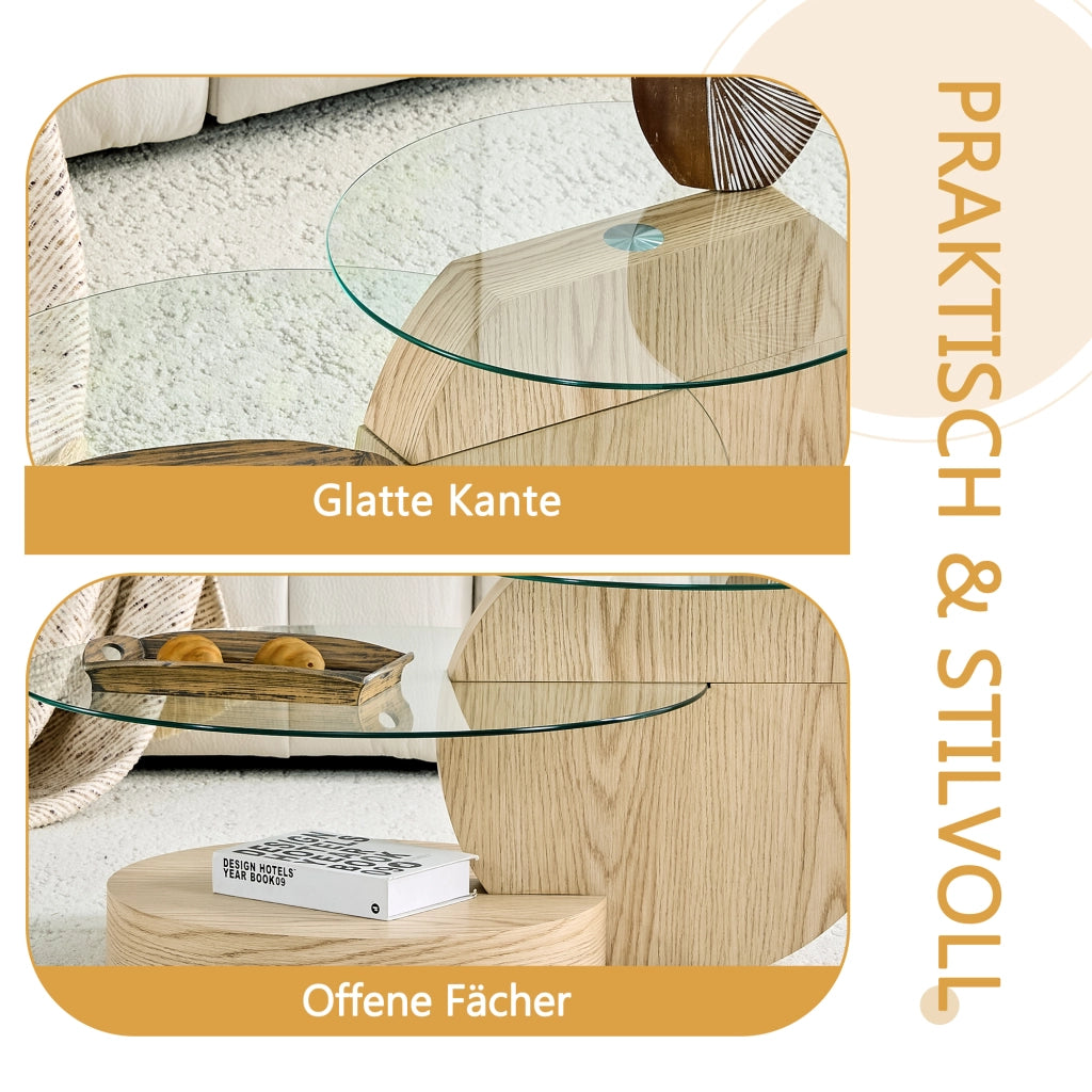 Tavolino basso a due livelli in vetro temperato e MDF effetto legno chiaro trasparente 78.5 × 78.5 × 24.5 cm
