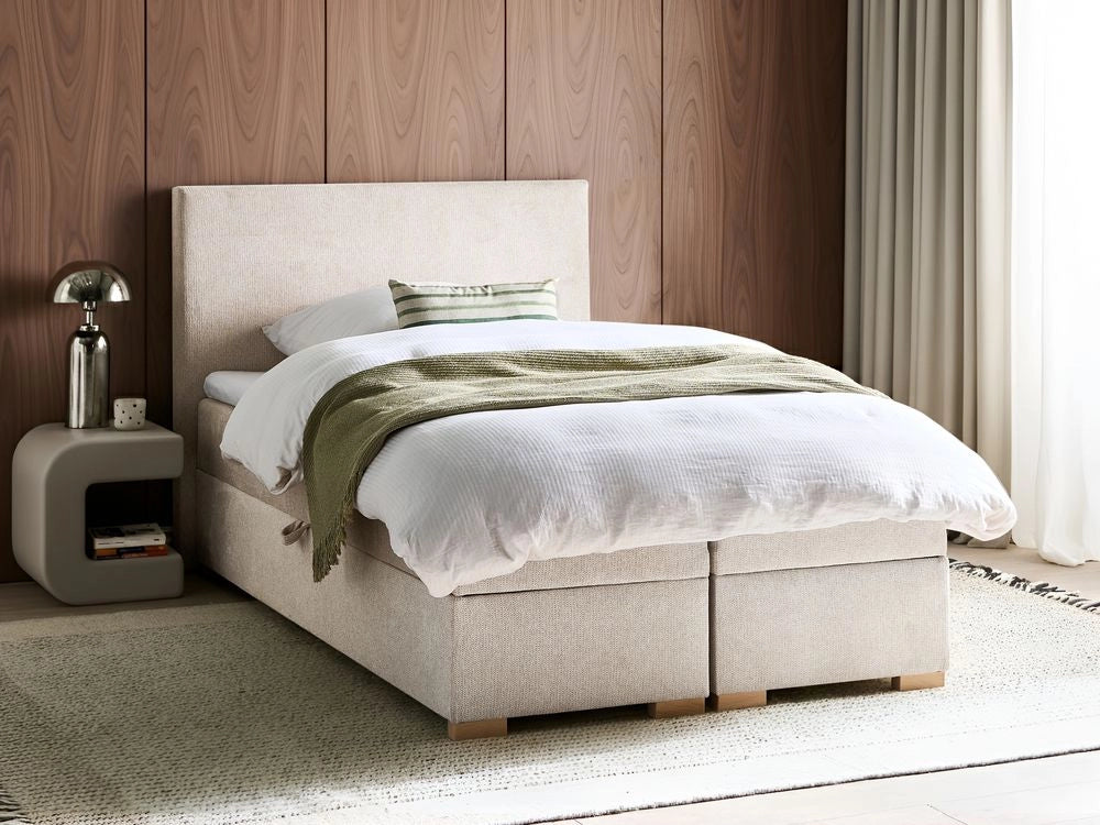 Letto matrimoniale con contenitore sollevabile in tessuto beige chiaro 120 x 200 cm con testiera stile moderno