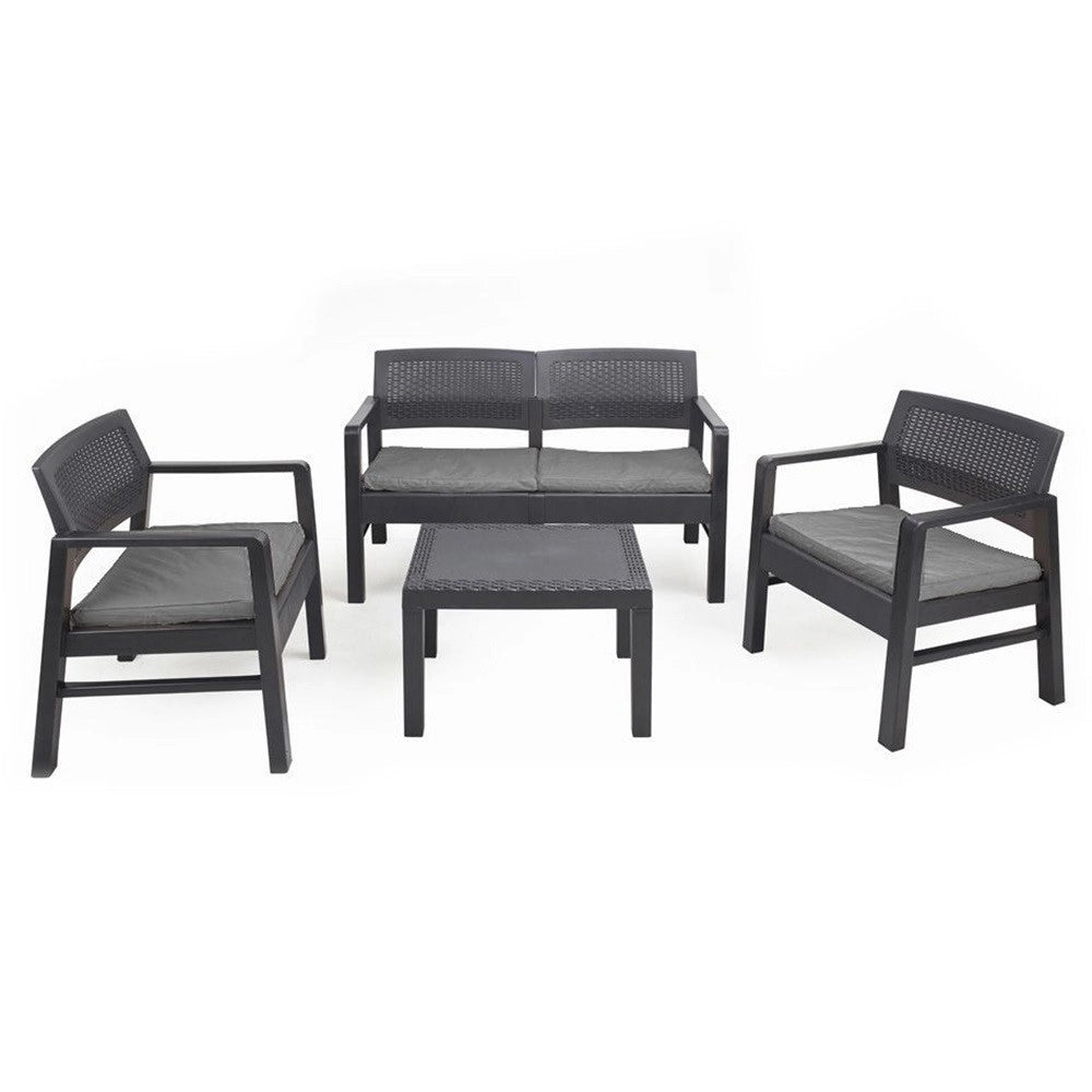 Trade Shop - Set Salotto Giardino Esterno Con Divano 2 Poltrone Tavolino Effetto Rattan Con Cuscini - Antracite
