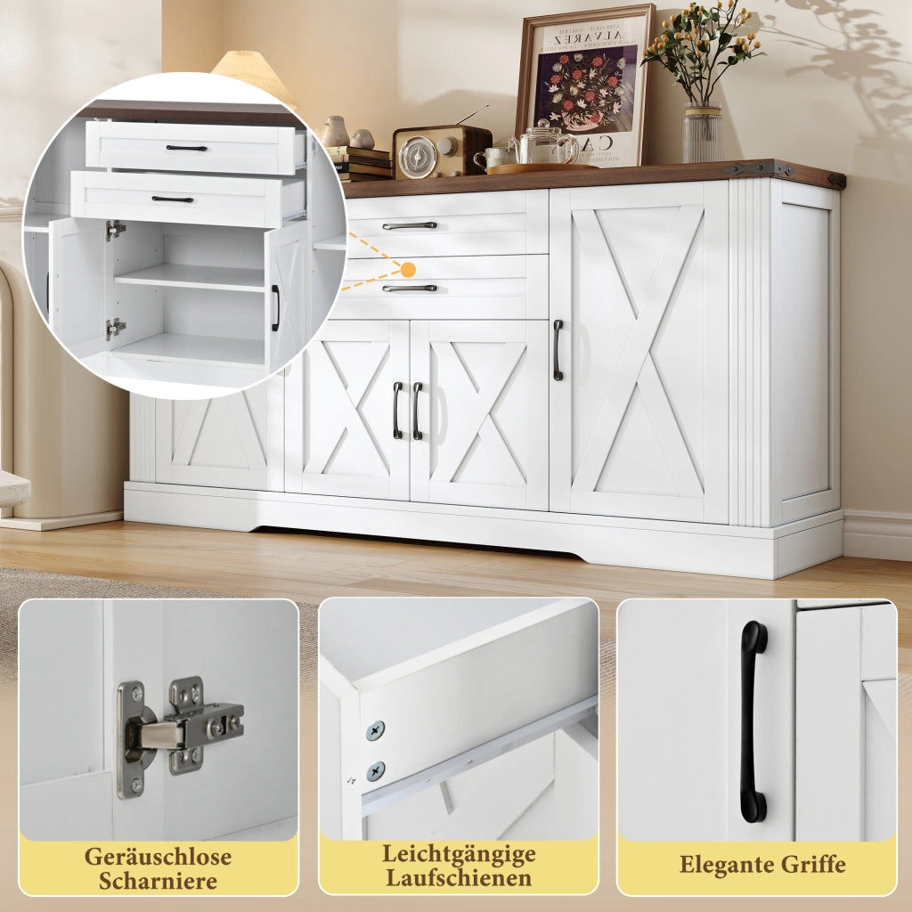 Madia con 4 ante 2 cassetti e ripiani regolabili per cucina soggiorno e ingresso bianco e noce 160 × 39 × 81,5 cm