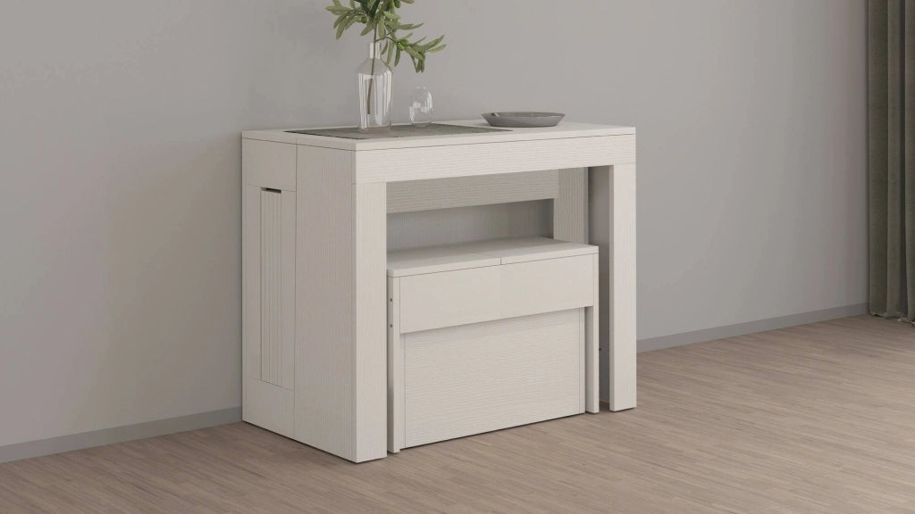 Set tavolo e sedie Badesi, Composizione multiuso, Set con consolle e 1 panca allungabili, 100% Made in Italy, 66x25h45 cm, Bianco