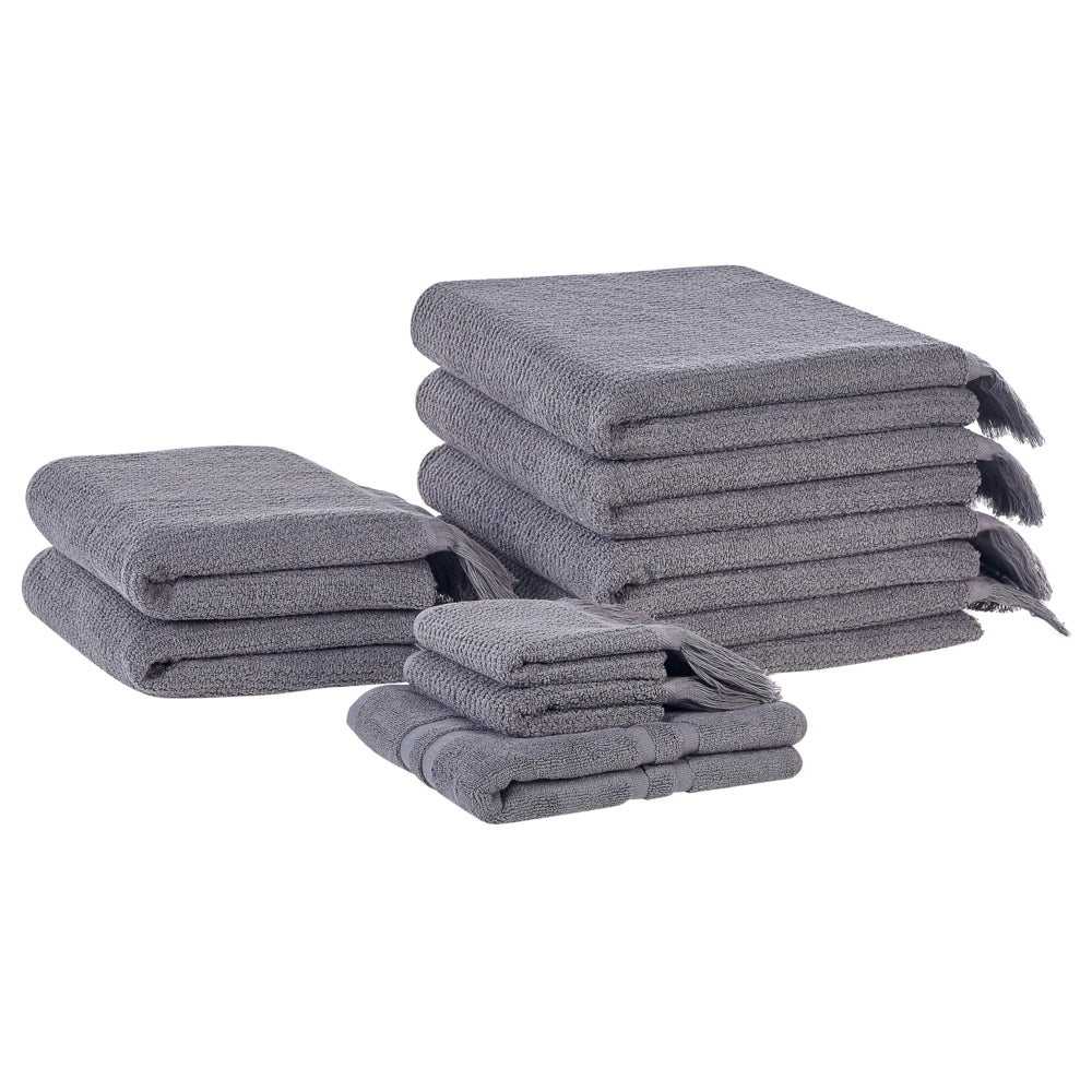 Set di 9 asciugamani bagno in spugna di cotone beige con nappe decorative